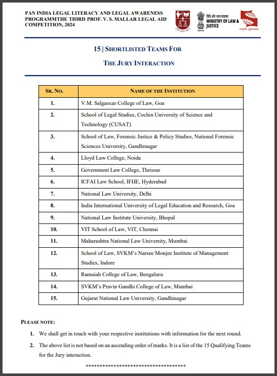 Short-listed for jury interaction in Third Edition of the Prof. V. S. Mallar Memorial Legal Aid Competition 2024, organized by the NLSIU, Bengaluru.